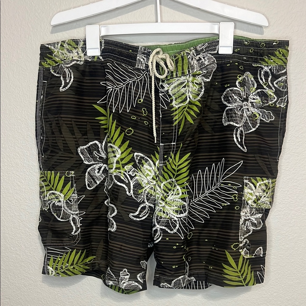 Brown and Green Tropical Swim Board Shorts